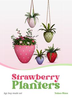 the strawberry planters are hanging from strings