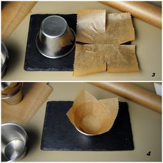 two pictures showing how to make paper towels with baking utensils on top and in the bottom