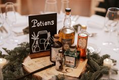 an assortment of liquor bottles on a table