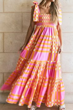 Flowy Dress Long, Smocked Maxi Dress, Color Block Skirt, Maxi Dresses For Women, High Waist Dress, Backless Maxi Dresses, Church Outfits, Pink Maxi Dress, Dress With Tie