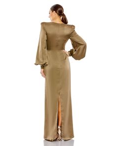 Mac Duggal Long bishop sleeves Plunge neckline Approx. 62.5" from top of shoulder to bottom hem Fully lined through body Available in Olive Style #26703 Formal Fitted Maxi Dress With Lantern Sleeves, Fitted Maxi Dress With Lantern Sleeves For Party, Long Sleeve Party Dresses With Elastic Shoulders, Formal Long Sleeve Dress With Draped Sleeves For Fall, Long Sleeve Dresses With Elastic Shoulders For Party, Formal Long Sleeve Lantern Sleeve Fitted Dress, Fitted Long Sleeve Lantern Dress For Formal Occasions, Elegant Formal Maxi Dress With Lantern Sleeves, Elegant Lantern Sleeve Maxi Dress For Formal Occasions