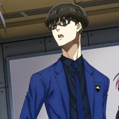 an anime man in a blue suit and tie standing next to another person wearing glasses