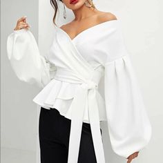 Open Front True Wrap Blouse. Color In #1 Picture 96% Polyester, 4% Elastane Ships In 5-6 Business Days” Blouse Peplum, Ankara Tops, Lantern Sleeve Top, Black Blouse Women, Lantern Sleeved Blouses, Afrikaanse Mode, Dressy Blouse, Tops Blouse, Cooler Look