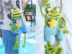 crocheted frog with overalls and star on his chest hanging from a hook