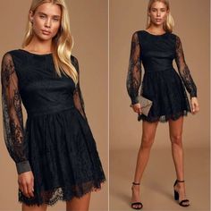 New Lulus Romantic Night Black Lace Long Sleeve Skater Dress S New Without Tags Lulus Exclusive! You'll Look Absolutely Darling In The Lulus Romantic Night Black Lace Long Sleeve Skater Dress! Gorgeous Sheer Lace Shapes This Chic Dress That Has A Rounded Neckline, Long Sleeves With Satin Button Cuffs, And A Fitted Darted Bodice. A High Banded Waist Tops A Perfectly Twirly Mini Skater Skirt With An Eyelash Lace Hem. Hidden Back Zipper/Clasp. Bodice And Skirt Are Lined. Self: 100% Nylon. Lining: 1 Black Mini Dress With Lace Patchwork For Fall, Black Lace Patchwork Mini Dress For Fall, Fall Black Mini Dress With Lace Patchwork, Black Mini Dress With Lace Patchwork For Night Out, Black Lace Dress For Night, Black Mini Dress With Lace Sleeves For Night Out, Black Mini Dress With Lace Sleeves For Date Night, Black Lace Mini Dress With Long Sleeves, Long Sleeve Dresses With Lace Trim For Night