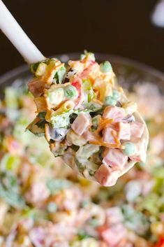 a spoon full of colorful salad being held by someone