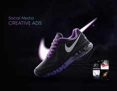 a pair of nike shoes with the words social media creative ads above them on a dark background