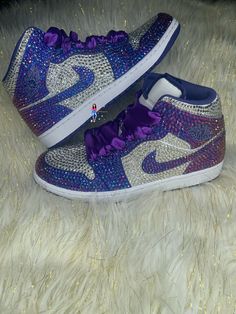 Bling Air Jordan 1 are perfect for weddings, proms, homecomings, birthdays, special events or just your everyday girly girl. These pair are sure to turn heads with all the sparkle and shine. These are hand placed one-by-one with high-quality rhinestones. These can be made in ALL colors so please message me so that we can design your perfect pair. I AM NOT RESPONSIBLE FOR ANY LOST, STOLEN OR DAMAGED PRODUCTS. PLEASE LIST YOUR SHOE SIZE IN THE PERSONALIZATION BOX. THANK YOU!! Size availability may vary based on our supplier's current inventory. If your size is out of stock at the time of your order, we will notify you within 48 hours. PLEASE BE SURE OF YOUR SIZE BEFORE PLACING ORDER, DUE TO ITEM BEING CUSTOM AND MADE TO ORDER I DO NOT ACCEPT ANY REFUNDS NOR EXCHANGES IF YOU'RE NEED BY DATE I Custom Air Jordan 1, Casual Shoes Women Sneakers, Pretty Sneakers