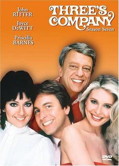 three's company season seven on dvd with the cast and crew in orange background