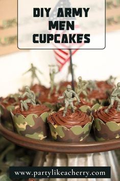 army cupcakes with chocolate frosting on a cake platter that says diy army men cupcakes