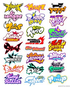 various graffiti stickers in different colors and sizes, all on one side of the image