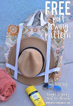 a hat, towel and sunscreen on the ground with text overlay that reads free pet sewing pattern