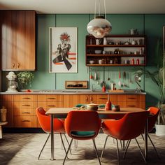 an image of a dining room setting with orange chairs and green wall paint color scheme