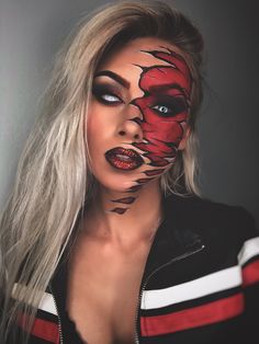 Halloween Face Paint Tutorial, Jason Voorhees Makeup Female, Glam Gore Makeup, Halloween Face Makeup For Women, Red Demon Makeup, Ghost Face Makeup, Scary Zombie Makeup, Half Face Halloween Makeup, Devil Makeup Halloween