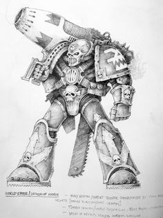 a black and white drawing of a warhammer with a skull on it's chest