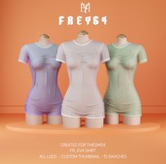 three female mannequins are standing in front of an orange background with the words fresy on it