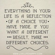 a black and white quote with the words everything in your life is a reflection of a choice you have made if you want a different result, make different choices