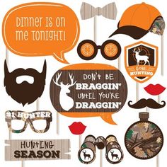 an assortment of photo booth props including mustaches, glasses, and other items for a hunting themed party