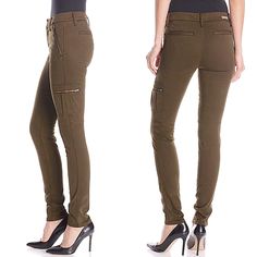 Olive Green Mid-Rise Skinny Cargo Pants With Zip Front Pockets And Left Side Zip Cargo Pocket. Stretch Fabric, Cool Stitching Detail At Hips. Nwt! Mid-rise Stretch Cargo Pants, Mid-rise Fitted Utility Pants, Stretch Mid-rise Cargo Pants, Fitted Mid-rise Utility Pants, Mid-rise Fitted Cargo Pants, Fitted Mid-rise Cargo Pants, Fitted Utility Bottoms With Zip Fly, Fitted Green Bottoms With Zip Fly, Fitted Utility Pants With Zip Fly