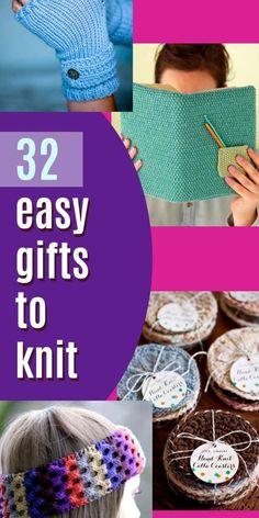 the cover of 32 easy gifts to knit, including headbands and mitts