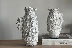 two white vases sitting next to each other on top of a wooden table in front of a bookshelf