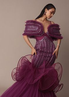 Deep Purple Organza Fish Cut Gown Elegant Purple Tulle Gown, Purple Mermaid Hem Evening Gown, Elegant Ruffled Mermaid Dress For Gala, Couture Evening Gown With Ruffles, Glamorous Purple Mermaid Evening Dress, Glamorous Purple Mermaid Dress For Evening, Organza Ruffled Evening Dress For Gala, Gala Evening Dress With Ruffles In Organza, Organza Evening Dress With Ruffles For Gala