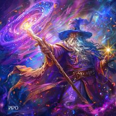 a wizard holding a wand in his hand and surrounded by stars, on a purple background