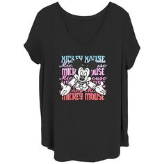 Add adorable style to your casual wardrobe with this Disney's Mickey Mouse Juniors' Plus Size Name Stack V-Neck Tee. © Disney FEATURES Short sleeves V-neckFABRIC & CARE Cotton, polyester Machine wash Imported Size: 1X. Color: Black. Gender: female. Age Group: kids.