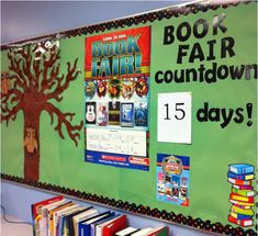 a bulletin board with books on it that says book fair count down 15 days?