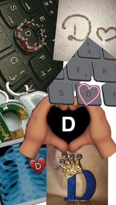 a collage of photos with different types of items in the middle one has a letter d on it