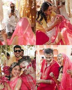 the bride and groom are all dressed in bright pink outfits, posing for pictures with each other