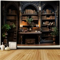 an old library with bookshelves and plants