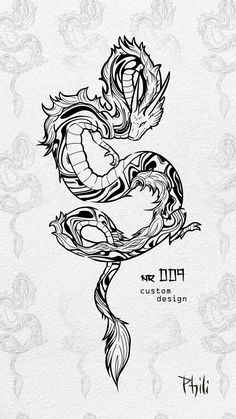 a black and white drawing of a dragon with the word,'tattoo design'on it