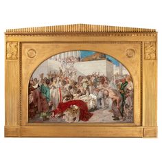 a painting on display in a gold frame with an image of people gathered around it