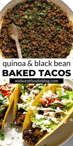 two tacos with black beans, lettuce and other toppings on top