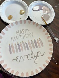 two paper plates with candles on them and the words happy birthday written on one plate