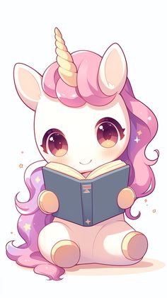 a little unicorn reading a book while sitting down