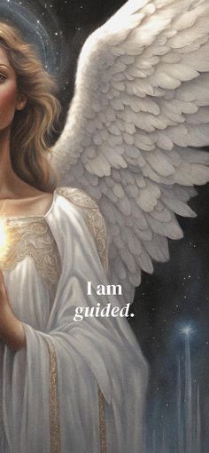 an angel with white wings holding a light in her hand and the words i am guided above it