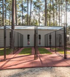 an empty building with many doors and windows in the middle of it, surrounded by trees