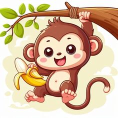 a cartoon monkey hanging from a tree branch with a banana in it's hand