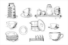 an illustration of kitchen utensils and dishes