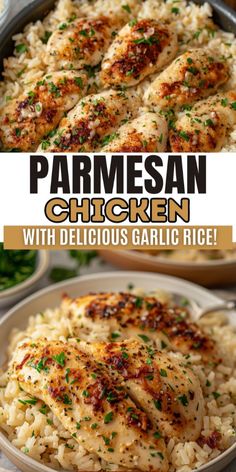 parmesan chicken with delicious garlic rice in a pan