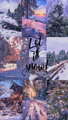 the words let it snow are written in different languages, and surrounded by images of snowy trees