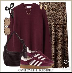 Burgundy Skirt Outfit, Palette Wardrobe, Looks Adidas, Leopard Print Outfits, Burgundy Outfit, Look Adidas, Autumn Look, Adidas Sneaker