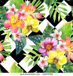 seamless floral pattern with tropical flowers and green leaves on checkered black and white background