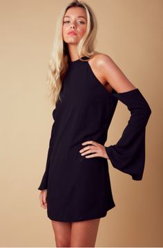 Black Mock Neck Cold Shoulder Dress Mint Dress Lace, Black Bell Sleeve Dress, Black Cold Shoulder Dress, Dress Bodice, Black Shift Dress, Black Mock Neck, Mock Neck Dress, Shift Dress Black, Bell Sleeve Dress