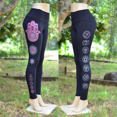 Hamsa Hand and Chakra Fitness Leggings - Black Leggings - Sacred Geometry Clothing - Flower of Life Black Stretch Yoga Pants For Festival, Festival Stretch Black Leggings, Black Stretch Festival Leggings, Black Stretch Leggings For Festivals, Sacred Geometry Clothing, Yoga Wear Women, Sacred Geometric, Platonic Solid, Solid Shapes