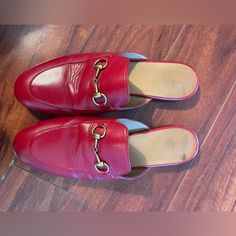 Great Condition Just West At The Soles Gucci Mules For Workwear With Round Toe, Gucci Leather Mules, Gucci Formal Mules With Leather Sole, Formal Gucci Mules With Leather Sole, Formal Red Leather Mules, Red Formal Slip-on Mules, Gucci Leather Slip-on Mules, Gucci Slip-on Mules With Leather Sole, Gucci Slip-on Mules