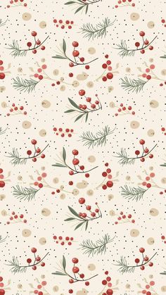 a white background with red berries and green leaves on it's sides, along with polka dots