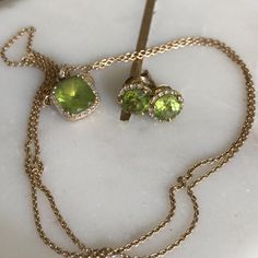 Beautiful Peridot Pendant With Diamond Halo And Matching Earrings. Excellent Condition. Pendant And Earring Set, Peridot Pendant, Diamond Halo, Halo Diamond, Matching Earrings, Womens Jewelry Necklace, Earring Set, Gold Color, Halo